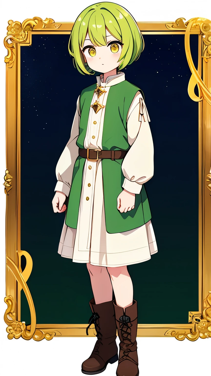 Unknown gender,Age unknown,Yellow-green curly bob hair,Golden Eyes,White light clothing,Boots underfoot,Holding out his hand, he casts a spell
