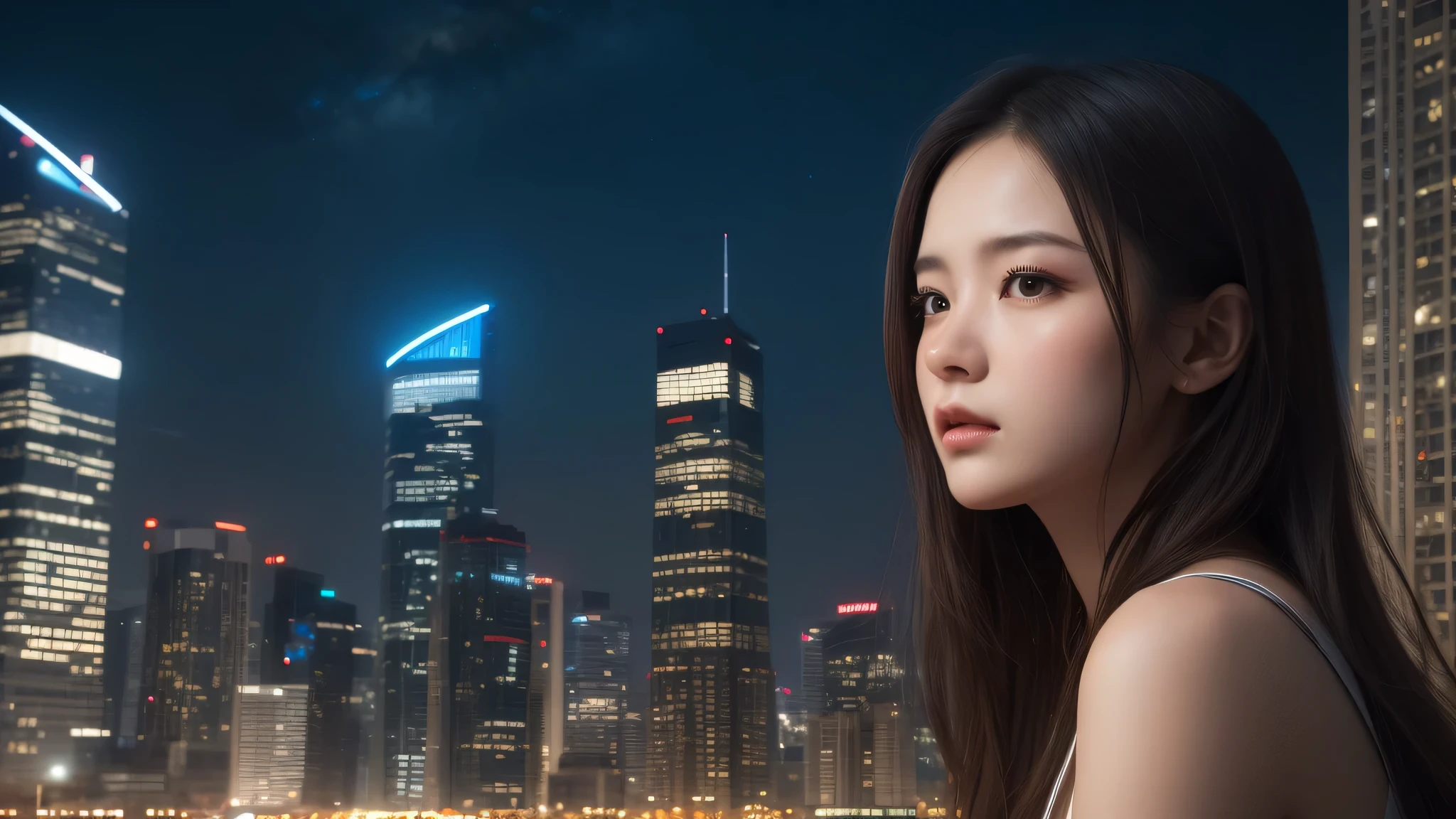 (1girl), (Best Quality:1.4), Realistic, extremely detailed CG unified 8k wallpaper, highly detailed, High-definition raw color photos, professional photography, Realistic portrait, Beautiful detailed, (Fine face:1.2), Close up portrait of girl, Outdoors, (night sky, night view, night view of skyscrapers), (expression of sadness), side view