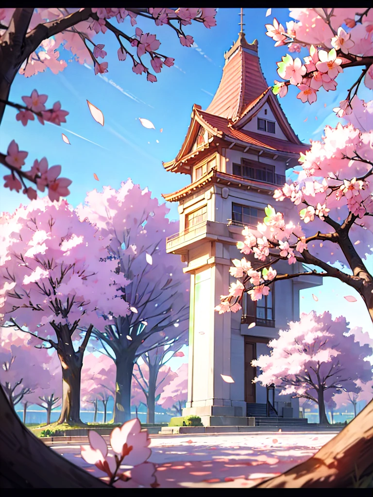 anime high school, beautiful sakura trees, sakura petals, beautiful blue sky, beautiful sunlight, amazing scenery, amazing visuals, beautiful anime artwork, ultrasharp, masterpiece, high res, 8k