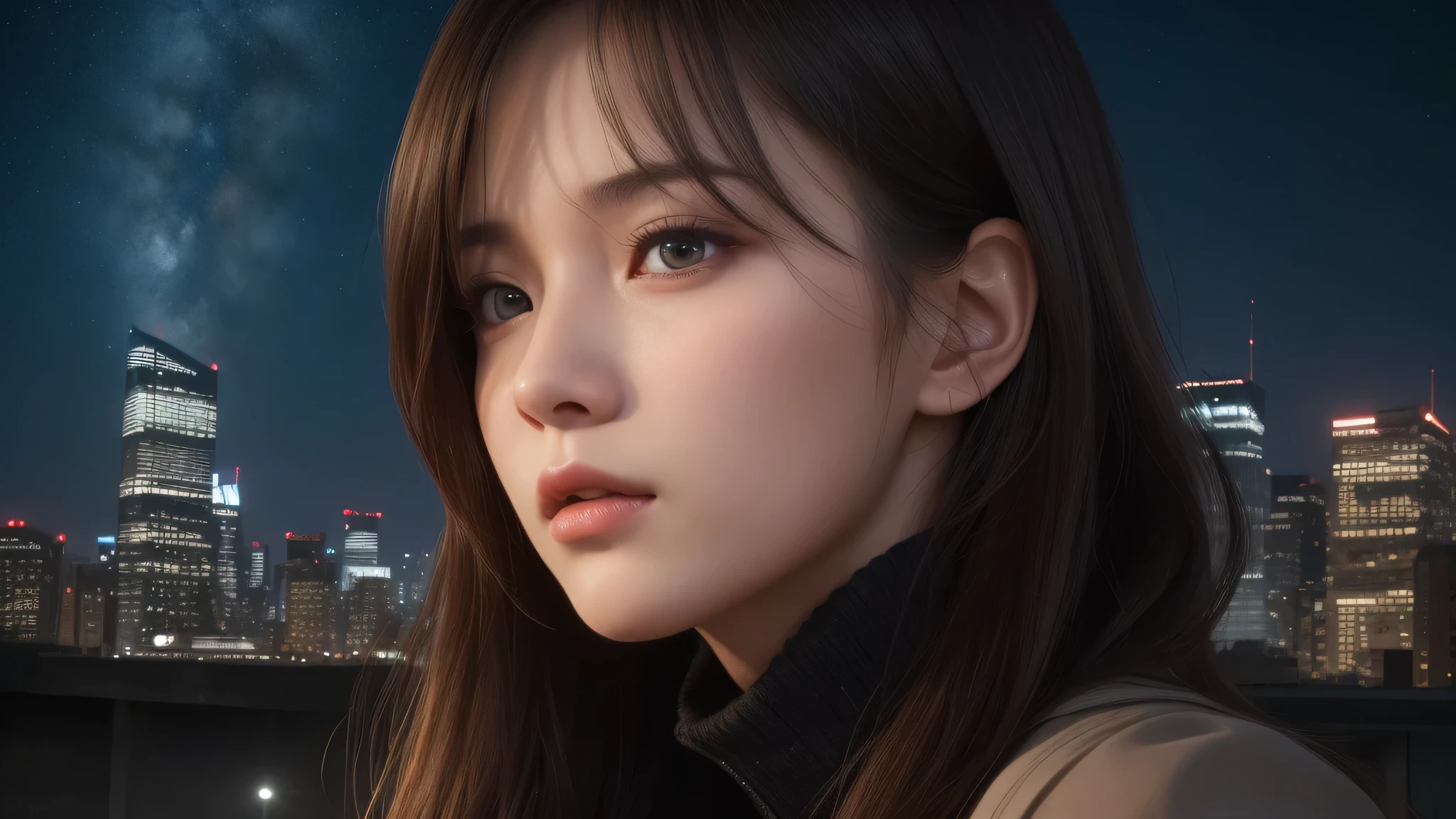 (1girl), (Best Quality:1.4), Realistic, extremely detailed CG unified 8k wallpaper, highly detailed, High-definition raw color photos, professional photography, Realistic portrait, Beautiful detailed, (Fine face:1.2), Close up portrait of girl, Outdoors, (night sky, night view, night view of skyscrapers), (expression of sadness), side view