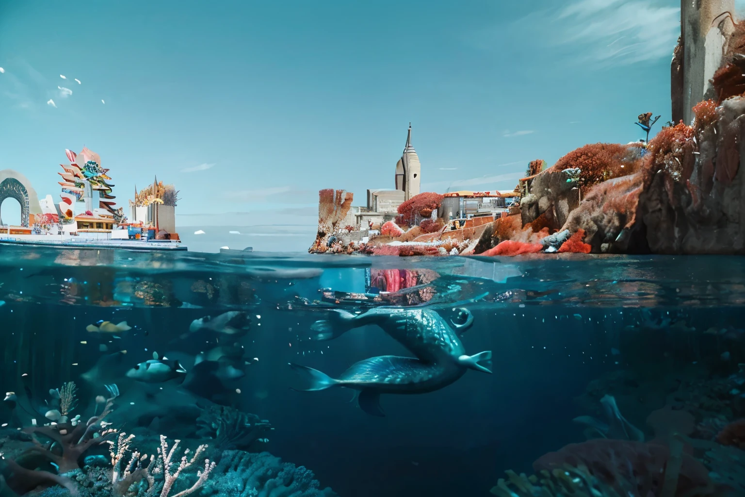 The scene depicts a deeply cinematic and high-quality setting, capturando a beleza exuberante do fundo do mar. A imagem revela um esconderijo submarino, revealing the mermaid kingdom in all its celestial glory. The underwater city is a vision of splendor and magic, with its majestic structures built from precious materials such as pearls, abalones and a myriad of sparkling gems.

Soft sunlight filtering through the ocean surface illuminates the scene, criando um jogo de sombras e reflexos deslumbrante. No fundo, entre as torres reluzentes e os arcos graciosos, vislumbra-se o movimento gracioso das sereias, with their sparkling tails dancing in the current. Mermaids are incredibly beautiful, with their splendid tails also bluish, that sparkle as they move through underwater gardens filled with lush corals and exotic sea flowers.

The atmosphere is one of serenity and enchantment, transporting the viewer to a world of underwater wonders where magic and beauty reign supreme.

