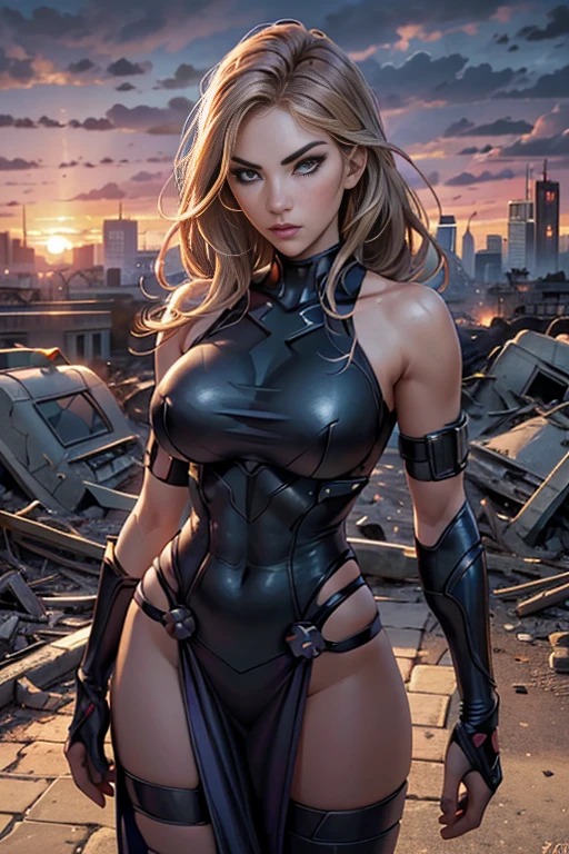 Elisha Cuthbert、Torn Suit、I'm wearing a skirt、masterpiece, 1 Girl, マーベルのサイロックとしてbeautiful女性, Psylocke Cosplay from X-Men、Purple Suit、Fine and delicate features, Futuristic New York Background, Science fiction, blonde, Super Heroine, heroic, Perfect balance, photograph, 超Realistic, masterpiece, 8k, large format camera, 110mm lens, Dynamic Lighting, Rim lighting、Official Art, extremely detailed CG 8K wallpaper, perfect Lighting, De color, bright_amount_method_Light, piel bright, (masterpiece:1.0), (Better_quality:1.0), Ultra-high resolution, 4k , Very detailed, Director of Photography, 8K, HDR, Altas ResoLightones, (Confused:1.2), Kodak Portrait 400, Film Grain, Blurred Background, (Bokeh:1.2), Lens flare, (Vibrant_color:1.2), プロのphotograph撮影, (beautiful_method:1.5),More detailed 8K.Unreal Engine:1.4,Hmm.,La Better calidad:1.4, Realistic:1.4, Skin temperature:1.4, masterpiece:1.8,masterpiece, Better calidad,Object Object], (Detailed facial features:1.3),(Anti-sedentary apocalyptic destroyed city:1.4), (Apocalyptic Sunset:1.4)