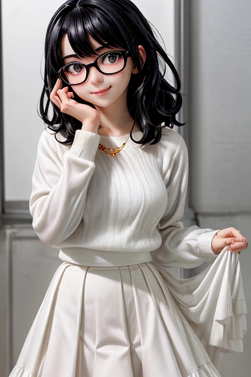 1girl,black hair,white sweeter,white skirt,glasses,slight smile
