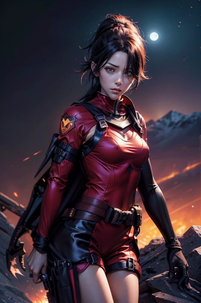 stunning girlfriend, heart shaped face, elegant face, beautiful face, highly detailed face, highly detailed skin, skin pores, subsurface scattering, realistic pupils, full lips, detailed background, depth of field, atmospheric perspective, volumetric lighting, sharp focus, absurdres, realistic proportions, good anatomy, (realistic, hyperrealistic:1.4), 16k hdr, cinderfall2023, best quality, masterpiece, 1girl, anime style, ponytail, red tactical suit, action pose, black left arm, utility belt, bulletproof vest, hair over eye, arcane ninja, flame, night, stars, moonlight, standing, on mountain side, crowd