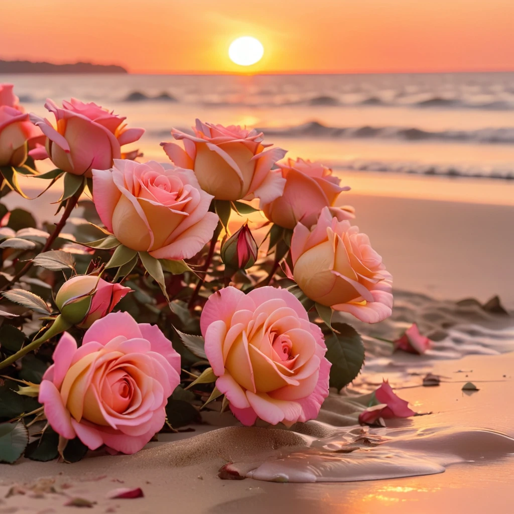roses on the beach at sunset with the sun setting in the background, gorgeous romantic sunset, floral sunset, blondes, Beautiful flowers, The Pink Golden Hour, beautiful and aesthetically pleasing, incredibly beautiful, at a beautiful sunset, roses, warm beautiful scene, beautiful aesthetics, the most beautiful sunset, Pink sunset, beautiful sunset, morning sunrise