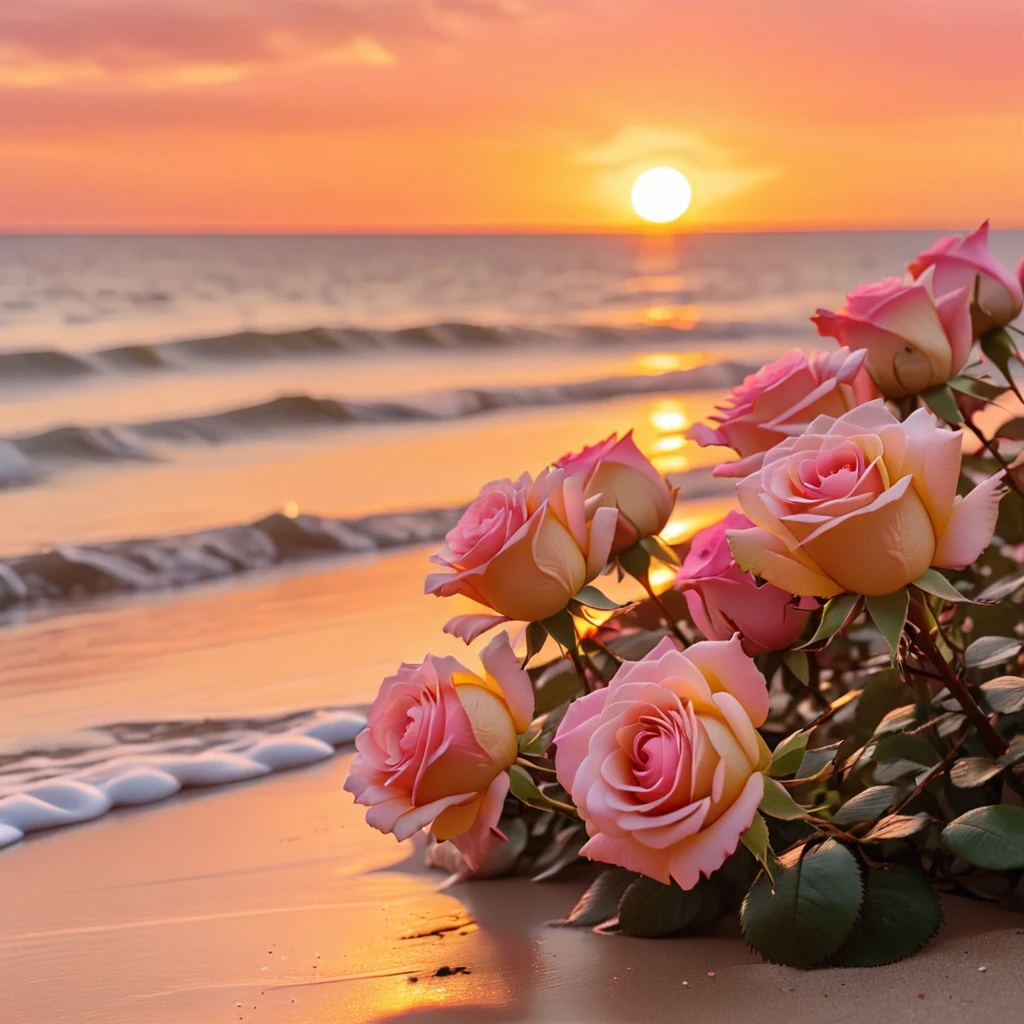 roses on the beach at sunset with the sun setting in the background, gorgeous romantic sunset, floral sunset, blondes, Beautiful flowers, The Pink Golden Hour, beautiful and aesthetically pleasing, incredibly beautiful, at a beautiful sunset, roses, warm beautiful scene, beautiful aesthetics, the most beautiful sunset, Pink sunset, beautiful sunset, morning sunrise