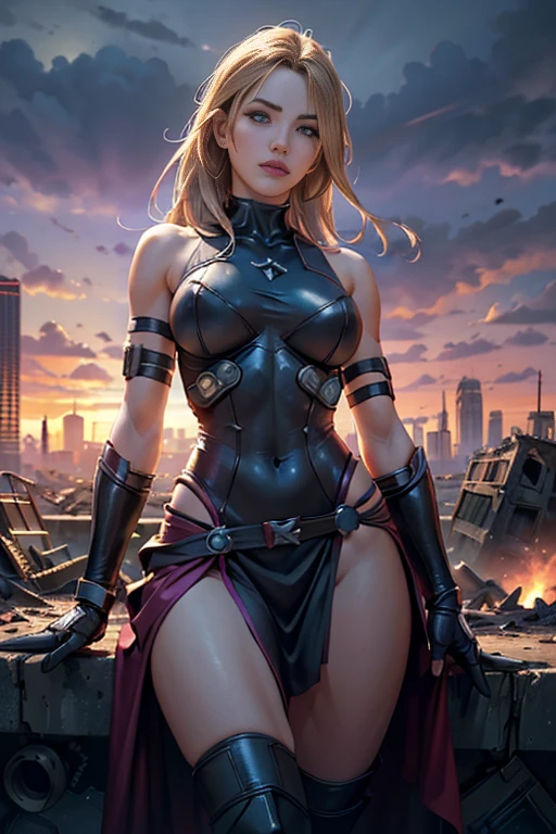 Cameron Diaz、Torn Suit、I'm wearing a skirt、masterpiece, 1 Girl, マーベルのサイロックとしてbeautiful女性, Psylocke Cosplay from X-Men、Purple Suit、Fine and delicate features, Futuristic New York Background, Science fiction, blonde, Super Heroine, heroic, Perfect balance, photograph, 超Realistic, masterpiece, 8k, large format camera, 110mm lens, Dynamic Lighting, Rim lighting、Official Art, extremely detailed CG 8K wallpaper, perfect Lighting, De color, bright_amount_method_Light, piel bright, (masterpiece:1.0), (Better_quality:1.0), Ultra-high resolution, 4k , Very detailed, Director of Photography, 8K, HDR, Altas ResoLightones, (Confused:1.2), Kodak Portrait 400, Film Grain, Blurred Background, (Bokeh:1.2), Lens flare, (Vibrant_color:1.2), プロのphotograph撮影, (beautiful_method:1.5),More detailed 8K.Unreal Engine:1.4,Hmm.,La Better calidad:1.4, Realistic:1.4, Skin temperature:1.4, masterpiece:1.8,masterpiece, Better calidad,Object Object], (Detailed facial features:1.3),(Anti-sedentary apocalyptic destroyed city:1.4), (Apocalyptic Sunset:1.4)