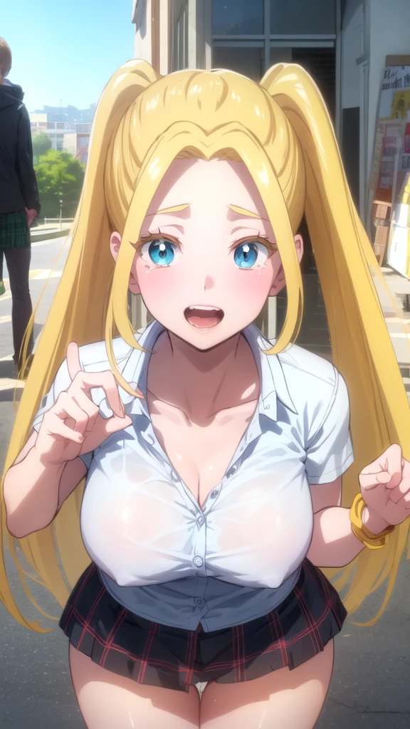 (masterpiece:1.3, highest quality, Ultra-high resolution, Very detailed), (Realistic:1.1, photoRealistic:1.4), Beautiful illustrations, Perfect lighting, colorful, Written boundary depth, Beautiful detailsまでこだわった髪, Beautifully detailed face, Beautiful details, Beautiful clavicle, Beautiful body, Beautiful breasts, Beautiful thighs, Beautiful legs, Beautiful fingers, View audience, 1 girl, Japanese, high school girl, Perfect Face, (Perfect Anatomy, Anatomically correct), Cute and symmetrical face, Baby Face, Sunburn, Shiny skin, (Middle Hair:1.5, Twin tails:1.2, blonde), Asymmetrical bangs, blue eyes, Long eyelashes, (Medium Chest), thin, ((Collared short-sleeved shirt, Light blue shirt, , Grey plaid pleated skirt, To the Navy)), No pants, (Beautiful views), evening, (Outdoor, distant cityscape), Are standing, (peace sign), (Cute Smile, Blushing、Upward glance, Open your mouth), (Very open vagina:1.4),(Sometimes inserting a thick erect penis into the vagina from below:1),(Semen overflowing from the vagina:1.2),(Tears overflowing),