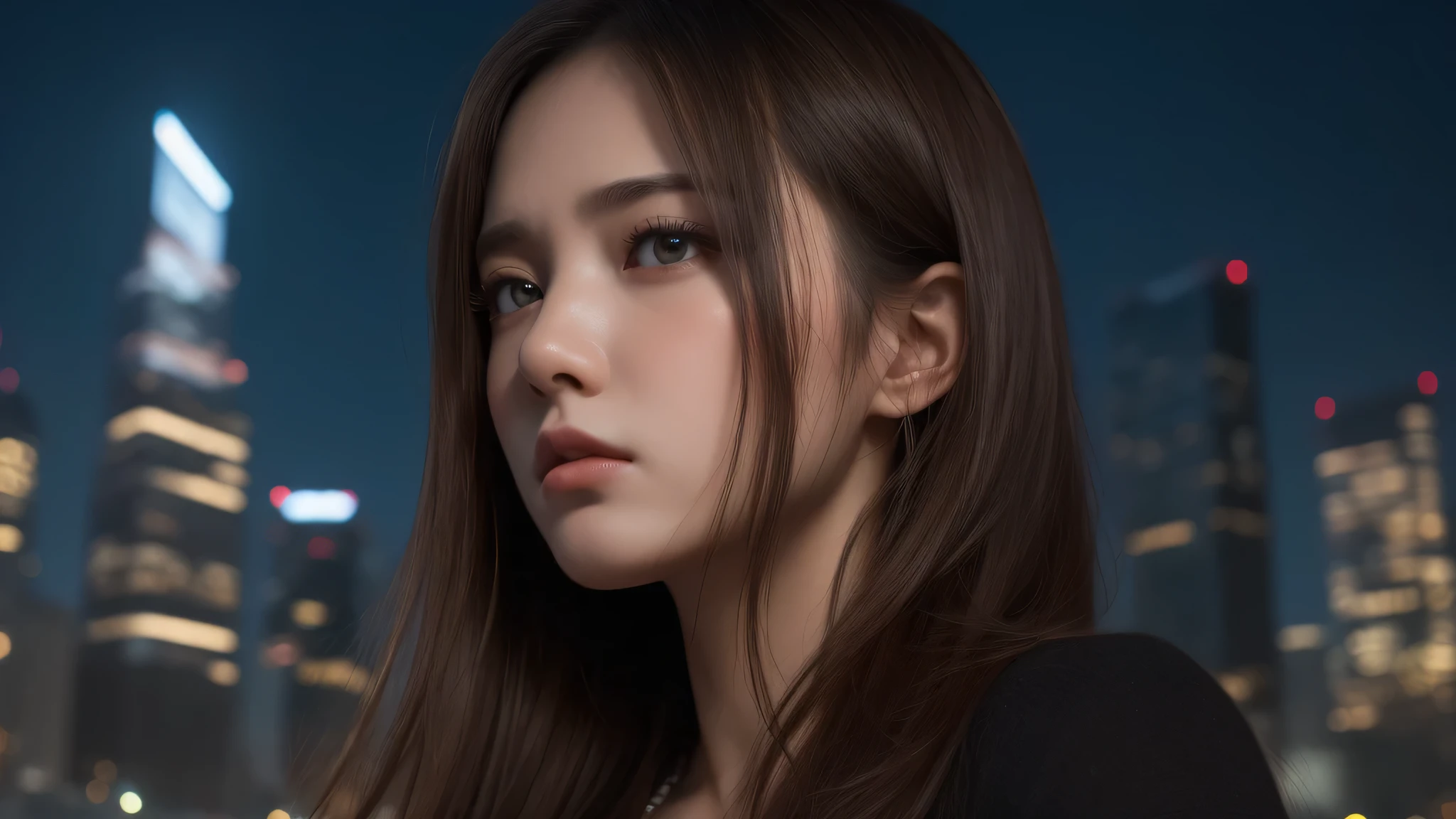 (1girl), (Best Quality:1.4), Realistic, extremely detailed CG unified 8k wallpaper, highly detailed, High-definition raw color photos, professional photography, Realistic portrait, Beautiful detailed, (Fine face:1.2), Close up portrait of girl, Outdoors, (night sky, night view, night view of skyscrapers), (expression of sadness:1.3), side view