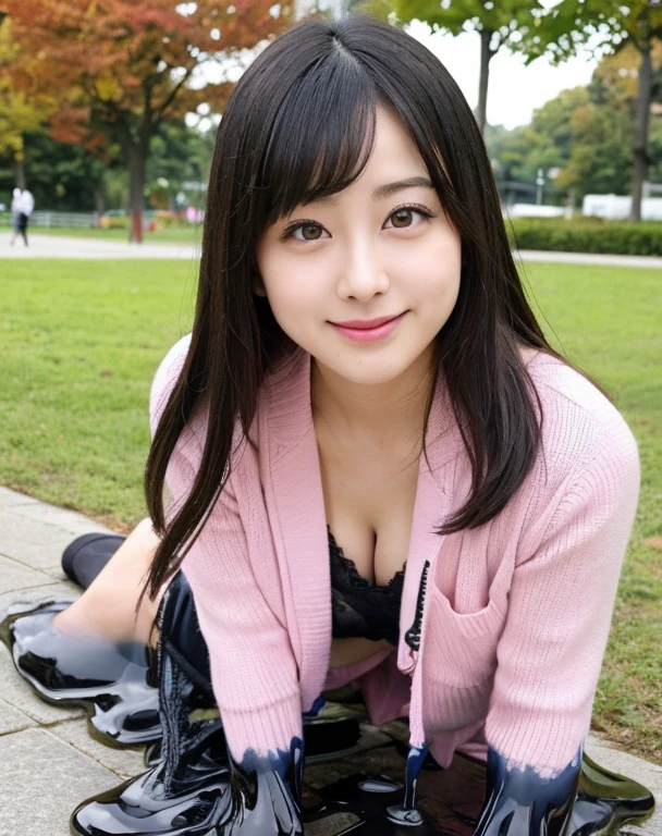 knitted sweater jacket,(Big boobs:1.2),cleveage,穿Black underwear,black slime shapeshifter,looking at the audience,Smile, Black underwear、cleveage,Long hair ,Pretty Face,cute appearance,confident girl,Slime with melted lower body,In the park,There are many maple leaves,autumn,