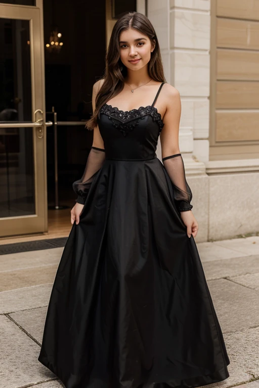 Beautiful young woman celebrating her 20th birthday, 20 years old, in a black dress, long dress