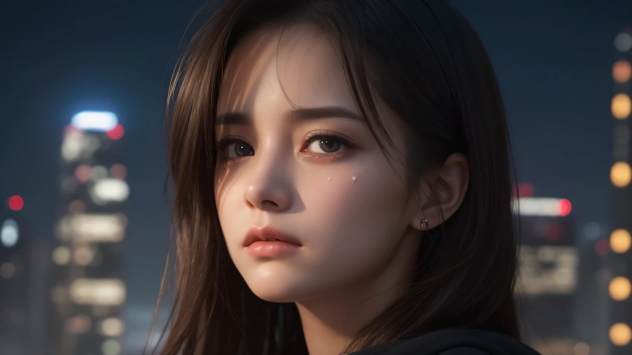 (1girl), (Best Quality:1.4), Realistic, extremely detailed CG unified 8k wallpaper, highly detailed, High-definition raw color photos, professional photography, Realistic portrait, Beautiful detailed, (Fine face:1.2), Close up portrait of girl, Outdoors, (night sky, night view, night view of skyscrapers), (expression of sadness, sad:1.3), with tears, side view