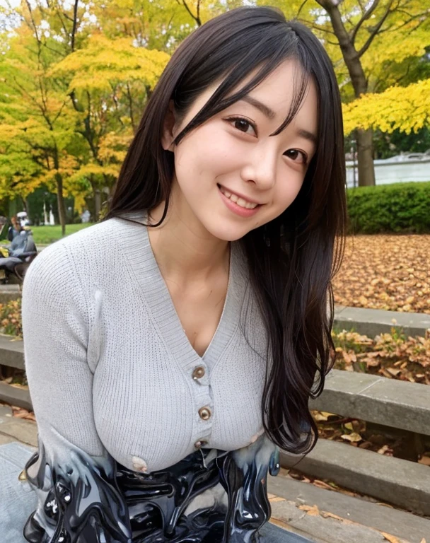 knitted sweater jacket，（Big boobs：1.2），cleveage，穿Black underwear，black slime shapeshifter，looking at the audience，Smile， Black underwear、cleveage，Long hair ,Pretty Face，cute appearance，confident girl,Slime with melted lower body,In the park，There are many maple leaves，autumn，