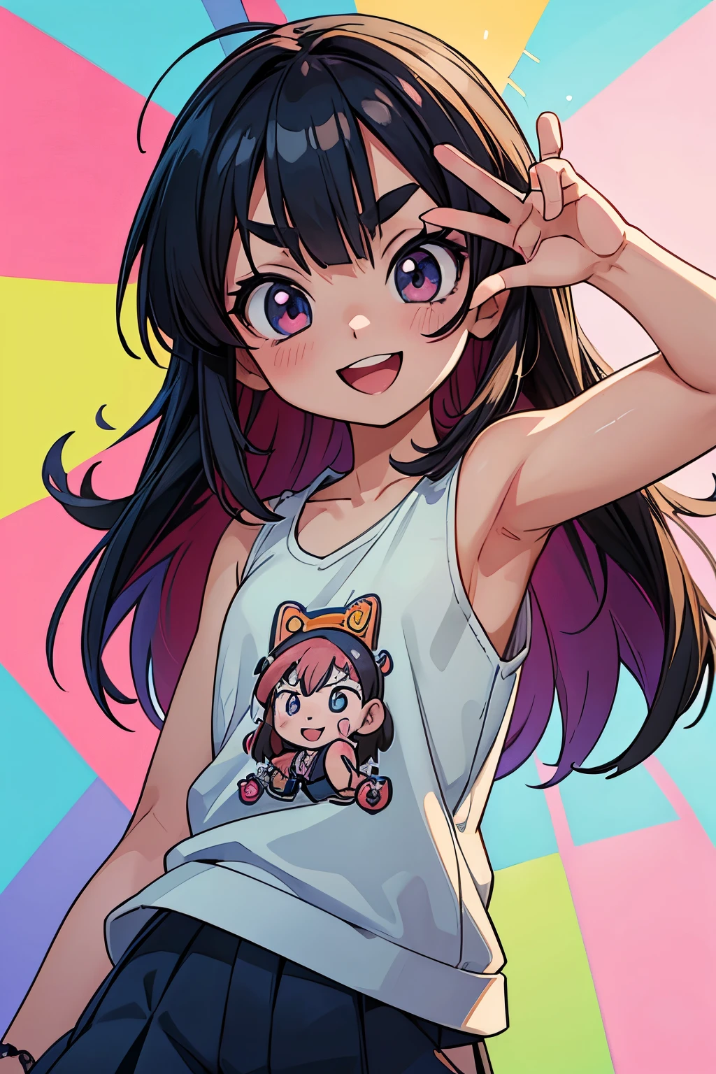 A teenage boy magically transformed into a cute girl, gender-bending, anime-style with pink eyes and long black hair with a streak of pink dye, is happily checking her new body in the bedroom, Simple t-shirt, underwear and bra, (best quality, 4k, highres, masterpiece:1.2), ultra-detailed, (realistic:1.37) Medium: Anime-style, portraits Additional details: Soft sunlight filters through the curtains, casting a warm glow on the room. The walls are adorned with posters of favorite anime characters, adding to the playful atmosphere. Plush toys and colorful accessories are scattered around, hinting at the character's joyful personality. In the corner, a vanity mirror reflects the newly transformed girl, capturing her excitement and surprise. Blossoming cherry tree branches visible outside the window add a touch of nature to the scene. Color palette: Vibrant pinks, pastel shades, and soft, warm tones dominate the composition, amplifying the cheerful and lively ambiance. Lighting: Soft, diffused natural light illuminates the scene, accentuating the character's facial features and highlighting the colorful elements in the room. Sparkling bokeh from the sunlight adds a magical and dreamlike quality.