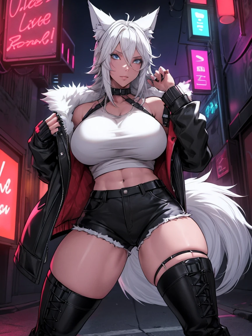 Single girl, Anime tomboy, Short, Long white hair, wolf ears, wolf tail, blue eyes, thigh high fishnets, black combat boots, wearing fur lined open jacket, nude, solo tomboy, only one female ((big breasts)) solo, alone, (SOLO)(ALONE) thicc thighs, wide hips, blue eyes, perfect eyes, perfect face, full lips,white shirt, midriff, black cutoff shorts, perfect detailed face, (prostitution), (((prostitute))), standing, (redlight district), neon lights, bilboards, outside a brothel, trying to get customers, offering sex,