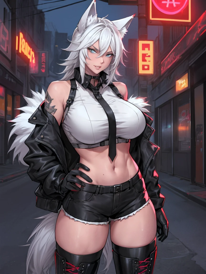 Single girl, Anime tomboy, Short, Long white hair, wolf ears, wolf tail, blue eyes, thigh high fishnets, black combat boots, wearing fur lined open jacket, nude, solo tomboy, only one female ((big breasts)) solo, alone, (SOLO)(ALONE) thicc thighs, wide hips, blue eyes, perfect eyes, perfect face, full lips,white shirt, midriff, black cutoff shorts, perfect detailed face, (prostitution), (((prostitute))), standing, (redlight district), neon lights, bilboards, outside a brothel, trying to get customers, offering sex,