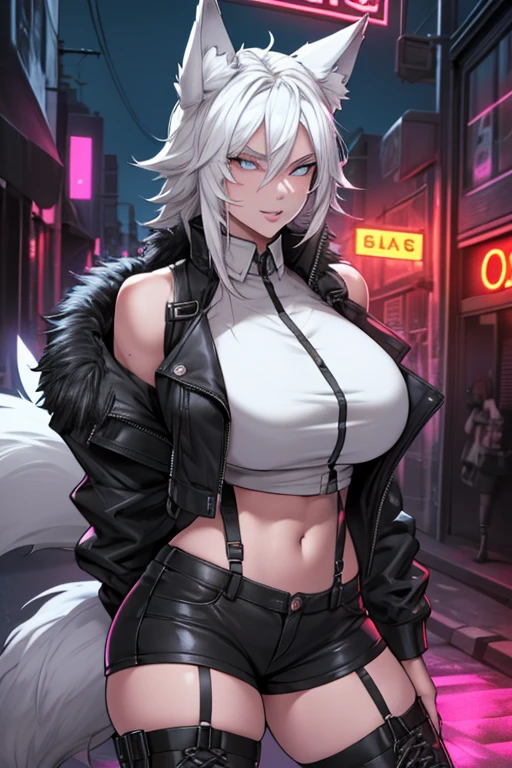 Single girl, Anime tomboy, Short, Long white hair, wolf ears, wolf tail, blue eyes, thigh high fishnets, black combat boots, wearing fur lined open jacket, nude, solo tomboy, only one female ((big breasts)) solo, alone, (SOLO)(ALONE) thicc thighs, wide hips, blue eyes, perfect eyes, perfect face, full lips,white shirt, midriff, black cutoff shorts, perfect detailed face, (prostitution), (((prostitute))), standing, (redlight district), neon lights, bilboards, outside a brothel, trying to get customers, offering sex,