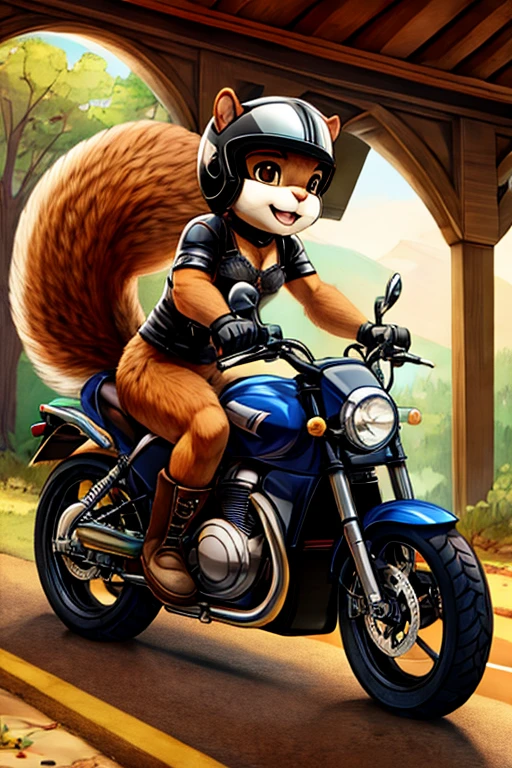 boy, squirrel, furry, bodyfur, bra, bottomless, gloves, boots, ride, motorcycle, helmet