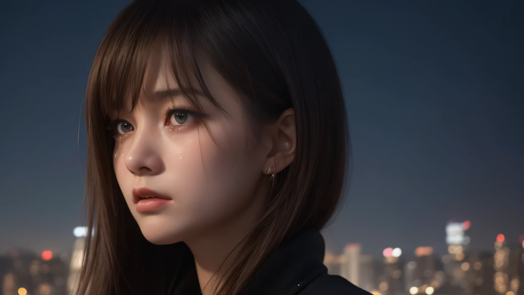 (1girl), (Best Quality:1.4), Realistic, extremely detailed CG unified 8k wallpaper, highly detailed, High-definition raw color photos, professional photography, Realistic portrait, Beautiful detailed, (Fine face:1.2), Close up portrait of girl, Outdoors, (night sky, night view, night view of skyscrapers), (expression of sadness, sad:1.3), with tears, side view