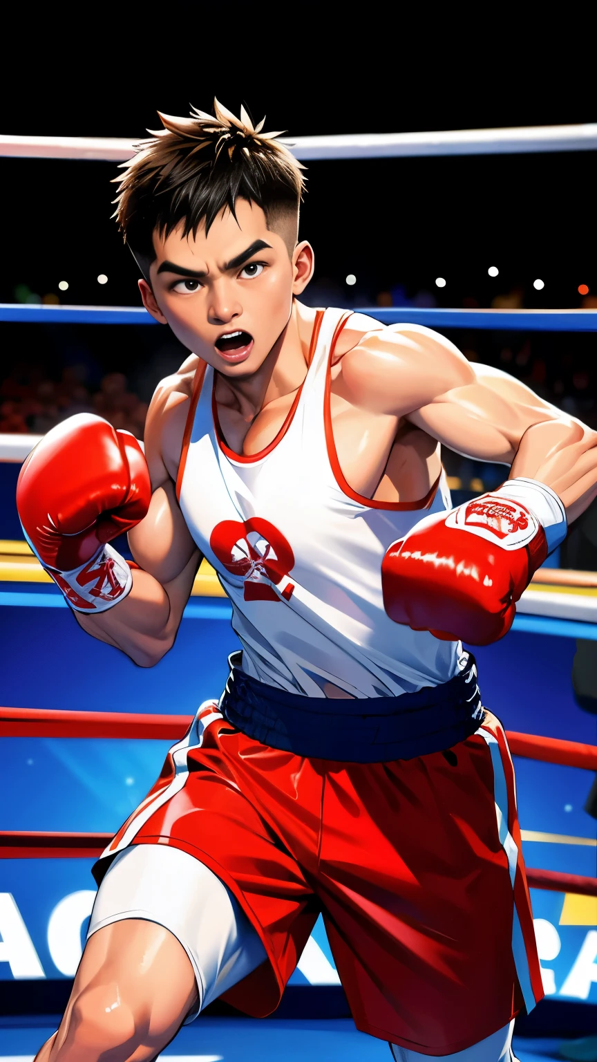 There were two men in the ring,One is hitting the other, boxing match, boxing, ruxing gao, in a boxing ring, Sparring, inspired by Li Shixing, Inspired by Ding Guanpeng, inspired by Ding Yunpeng, Fighting, punching, inspired by Cao Buxing, gta chinatowon art style, fighting scene, Fight