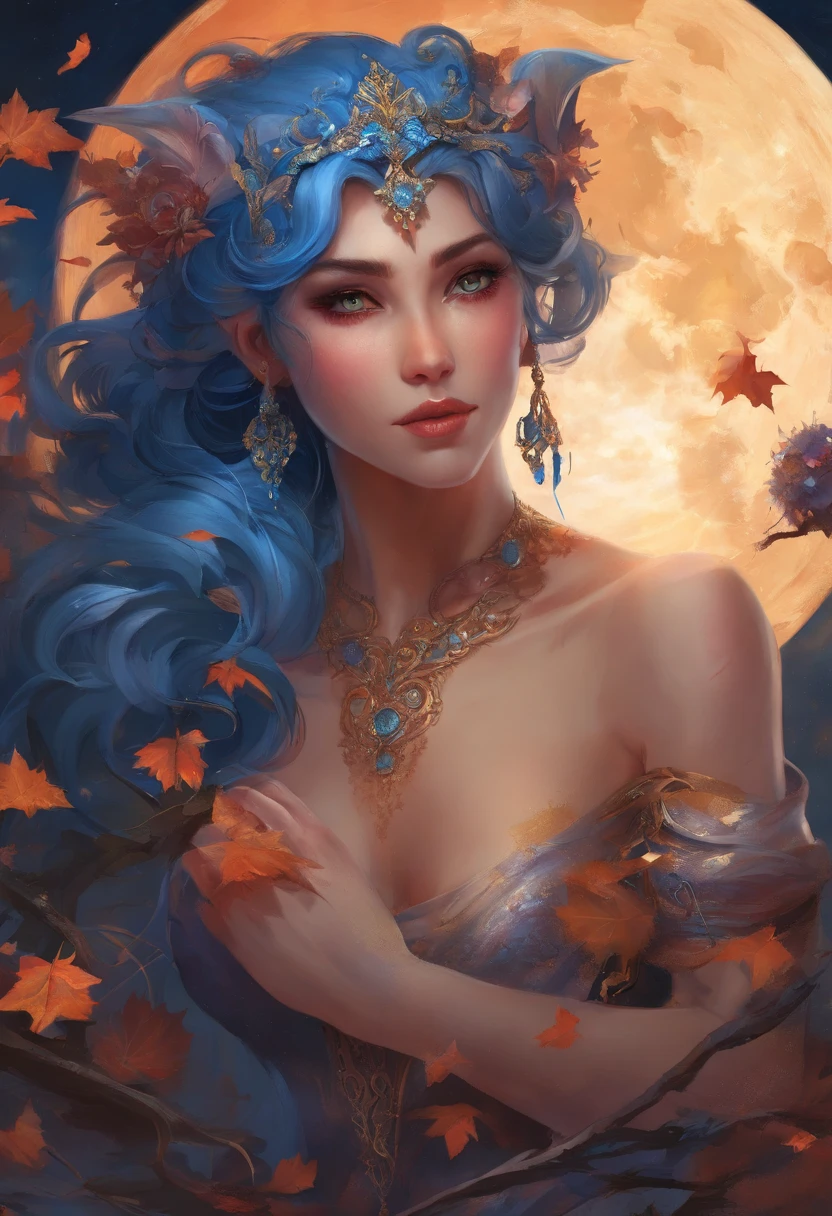 Succubus,Under the blue moonlight,Big Blue Moon,Blue hair:1.3,(masterpiece、top-quality、top-quality、Beautifully Aesthetic:1.2)、(((Dark Halloween Mon Beauty)))、Cool pose、ighly detailed、colourfull、highestdetailed, Anatomically correct, nffsw, high details, Textured skin, 8K,perfect hand,perfect arms,Bloody tears