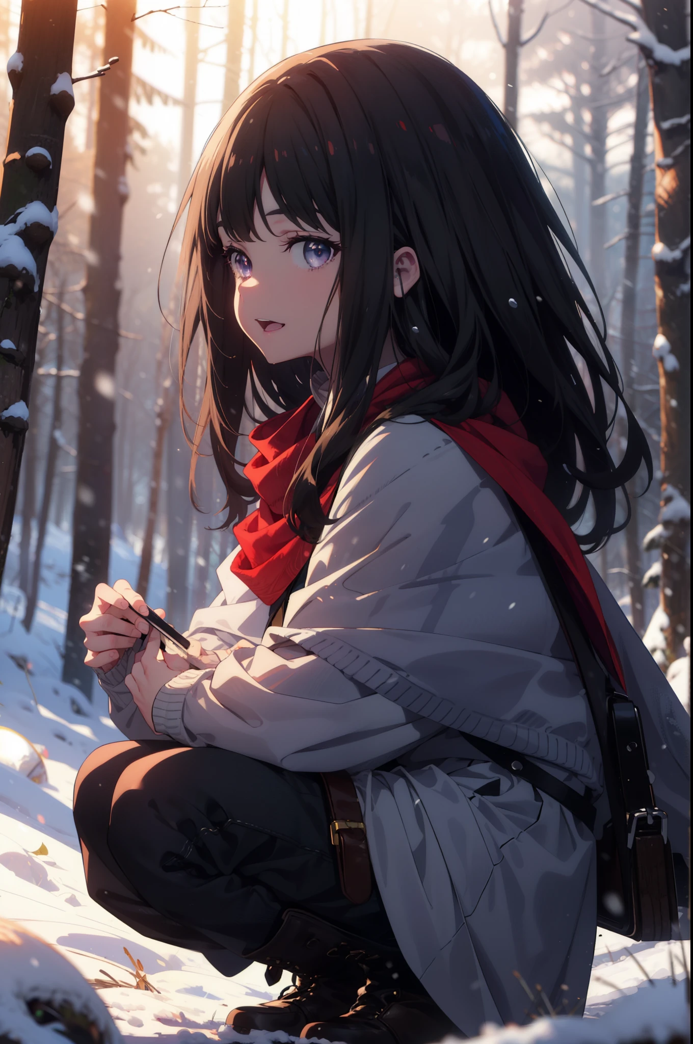 Takiuchi, Inoue Check, Long Hair, bangs, Black Hair, (Purple eyes:1.2),smile,
Open your mouth,snow, fire, Outdoor, boots, snowing, From the side, wood, suitcase, Cape, Blurred, forest, nature, Squat, Cape, winter, Written boundary depth, Black shoes, red Cape break looking at viewer, Upper Body, whole body, break Outdoor, forest, nature, break (masterpiece:1.2), highest quality, High resolution, unity 8k wallpaper, (shape:0.8), (Beautiful and beautiful eyes:1.6), Highly detailed face, Perfect lighting, Extremely detailed CG, (Perfect hands, Perfect Anatomy),