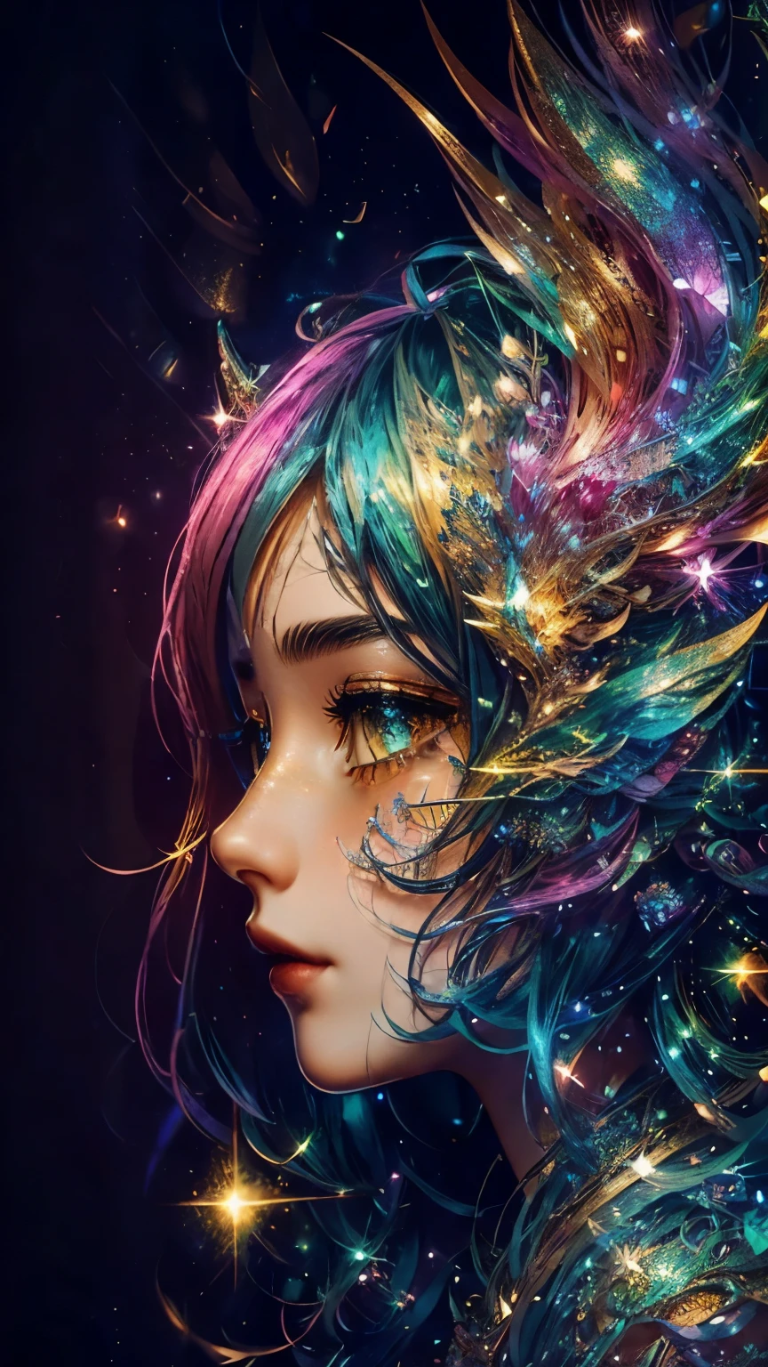 This is a highly detailed and semi-realistic fantasy art image with beautiful layers of shimmer, glimmering silks, and a glittering aesthetic. Create a beautiful and bold dragon woman. She should have intricate and elegant horns, detailed and multi-colored scales, and a striking face. Her eyes are highly detailed with realistic shading and realistic details. Include soft pastels with unexpected pops of bright color. Use compelling composition techniques and fantasy lighting to create a cinematic and unforgettable atmosphere. (((masterpiece))), (((best quality))), ((ultra-detailed)), (highly detailed CG illustration)
