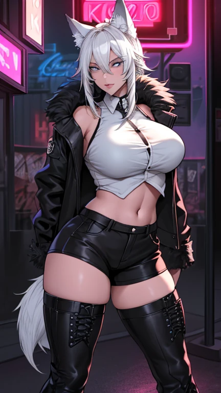 Single girl, Anime tomboy, Short, Long white hair, wolf ears, wolf tail, blue eyes, thigh high fishnets, black combat boots, wearing fur lined open jacket, nude, solo tomboy, only one female ((big breasts)) solo, alone, (SOLO)(ALONE) thicc thighs, wide hips, blue eyes, perfect eyes, perfect face, full lips,white shirt, midriff, black cutoff shorts, perfect detailed face, (prostitution), (((prostitute))), standing, (redlight district), neon lights, bilboards, outside a brothel, trying to get customers, offering sex,