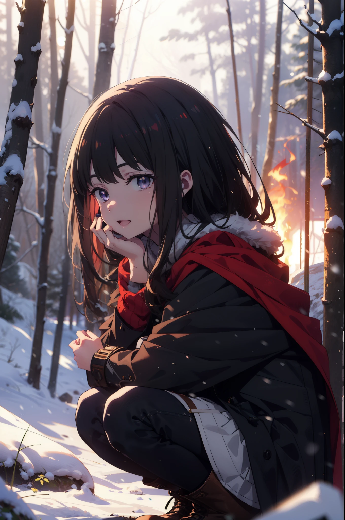 Takiuchi, Inoue Check, Long Hair, bangs, Black Hair, (Purple eyes:1.2),smile,
Open your mouth,snow, fire, Outdoor, boots, snowing, From the side, wood, suitcase, Cape, Blurred, forest, nature, Squat, Cape, winter, Written boundary depth, Black shoes, red Cape break looking at viewer, Upper Body, whole body, break Outdoor, forest, nature, break (masterpiece:1.2), highest quality, High resolution, unity 8k wallpaper, (shape:0.8), (Beautiful and beautiful eyes:1.6), Highly detailed face, Perfect lighting, Extremely detailed CG, (Perfect hands, Perfect Anatomy),