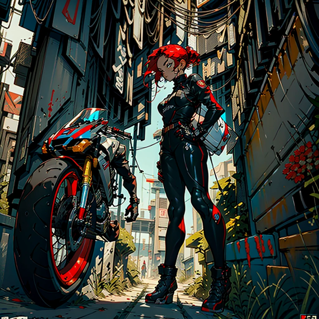make a beautiful girl with red hair and an athletic body in a motorcycle racing scene and wearing a racing jumpsuit, she is centered on her bike making turns, the colors of the jumpsuit are the same as the black, white, red and blue Ducatti motorcycle and the helmet is black and with shiny gold details on the tank of the bike the name of the sponsor is ´´ACTION ARCADE UNLEASHED`` and below the logo ´´AAU`` and on the footer of the image the name of the creator ´´By Dragonsteel76` `.