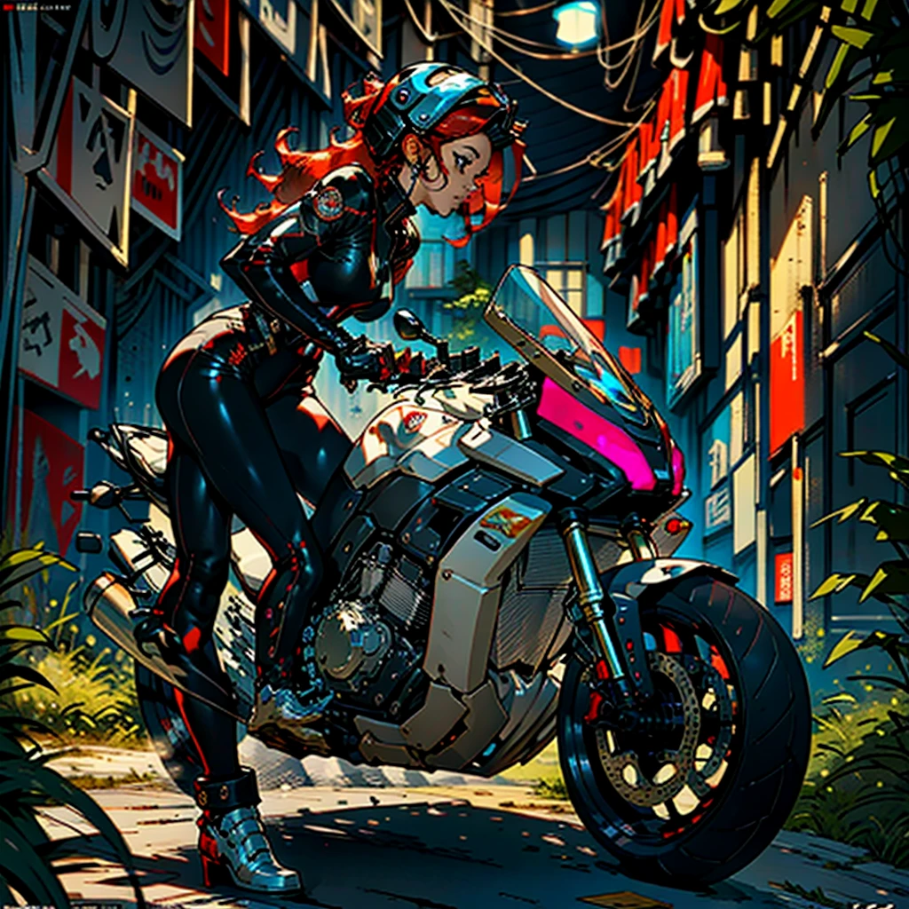make a beautiful girl with red hair and an athletic body in a motorcycle racing scene and wearing a racing jumpsuit, she is centered on her bike making turns, the colors of the jumpsuit are the same as the black, white, red and blue Ducatti motorcycle and the helmet is black and with shiny gold details on the tank of the bike the name of the sponsor is ´´ACTION ARCADE UNLEASHED`` and below the logo ´´AAU`` and on the footer of the image the name of the creator ´´By Dragonsteel76` `.