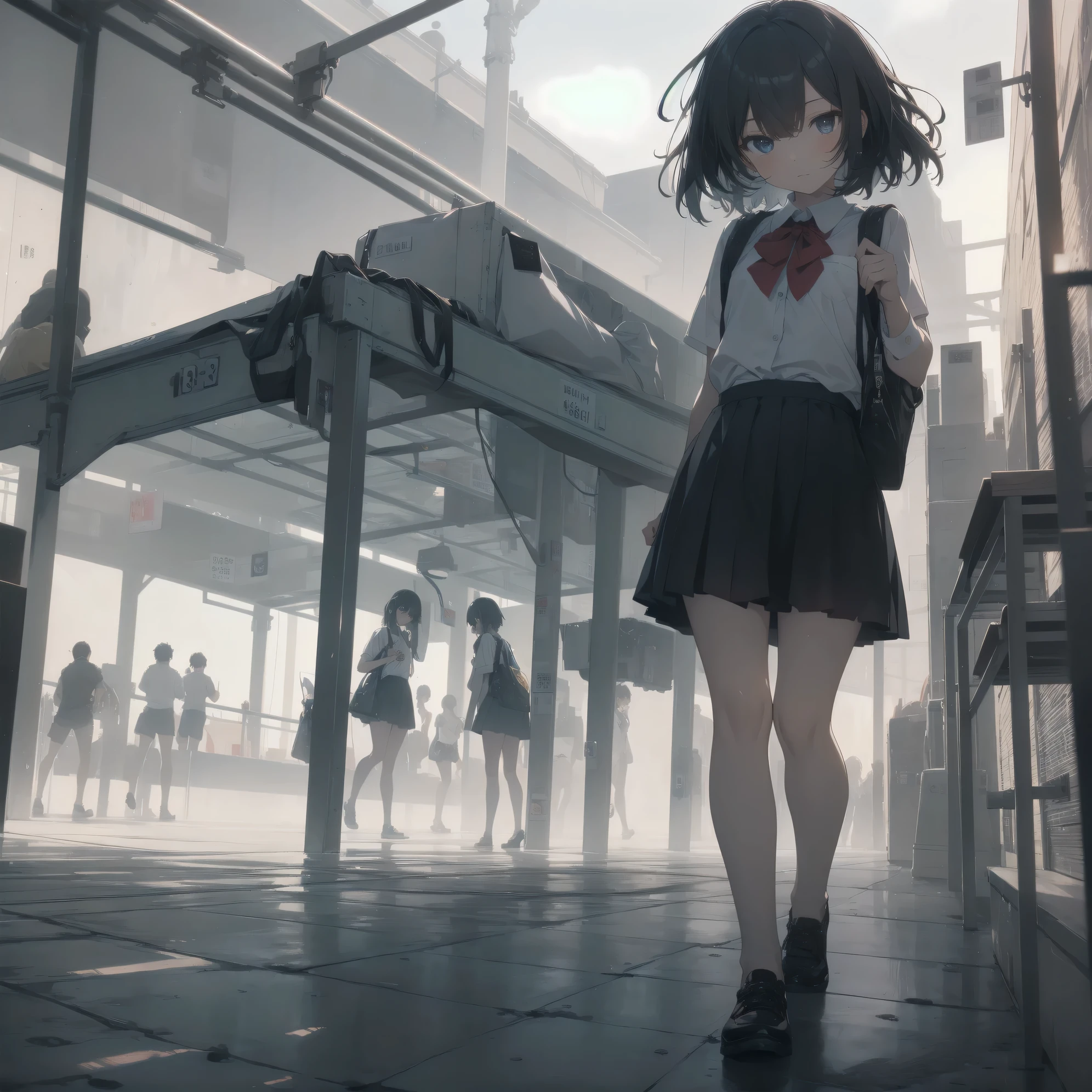 ultra-absurdres-Top quality by artist God, ultra-detailed, high resolution, anime moe artstyle, best anime 8k konachan wallpaper, pixiv contest winner, pool:2810, perfect anatomy,break, 1girl, (Please draw a girl walking sleepily to school alone. )break,(Solo,little female, 13-year-old:1.3),Full limbs, complete fingers,a junior high school student,  (very short hair), short cut, flat chest, , small butt, small black eyes, beautiful detailed eyes, well-proportioned iris and pupils, expressive eyes, highres detailed hair, soft expression, school_uniform, bowtie, collared shirt.  pleated skirt,(Detailed Lighting), (Detailed background), in the School commute route. break,super detailed skin, Best cinematic lighting powered by famous artist, 8k,beauty illustration,photoshop_(medium),very aesthetic,break,((artist:futa (nabezoko) )), artist:bolze ,artist:oyari ashito ,artist:kantoku ,