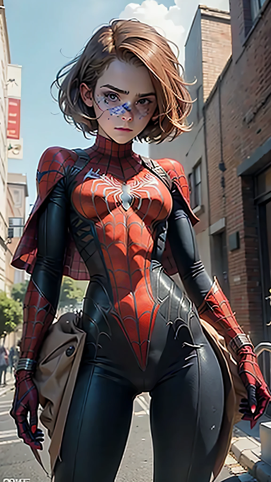 Emma watson, detailed defined body using spider man cosplay, small breasts