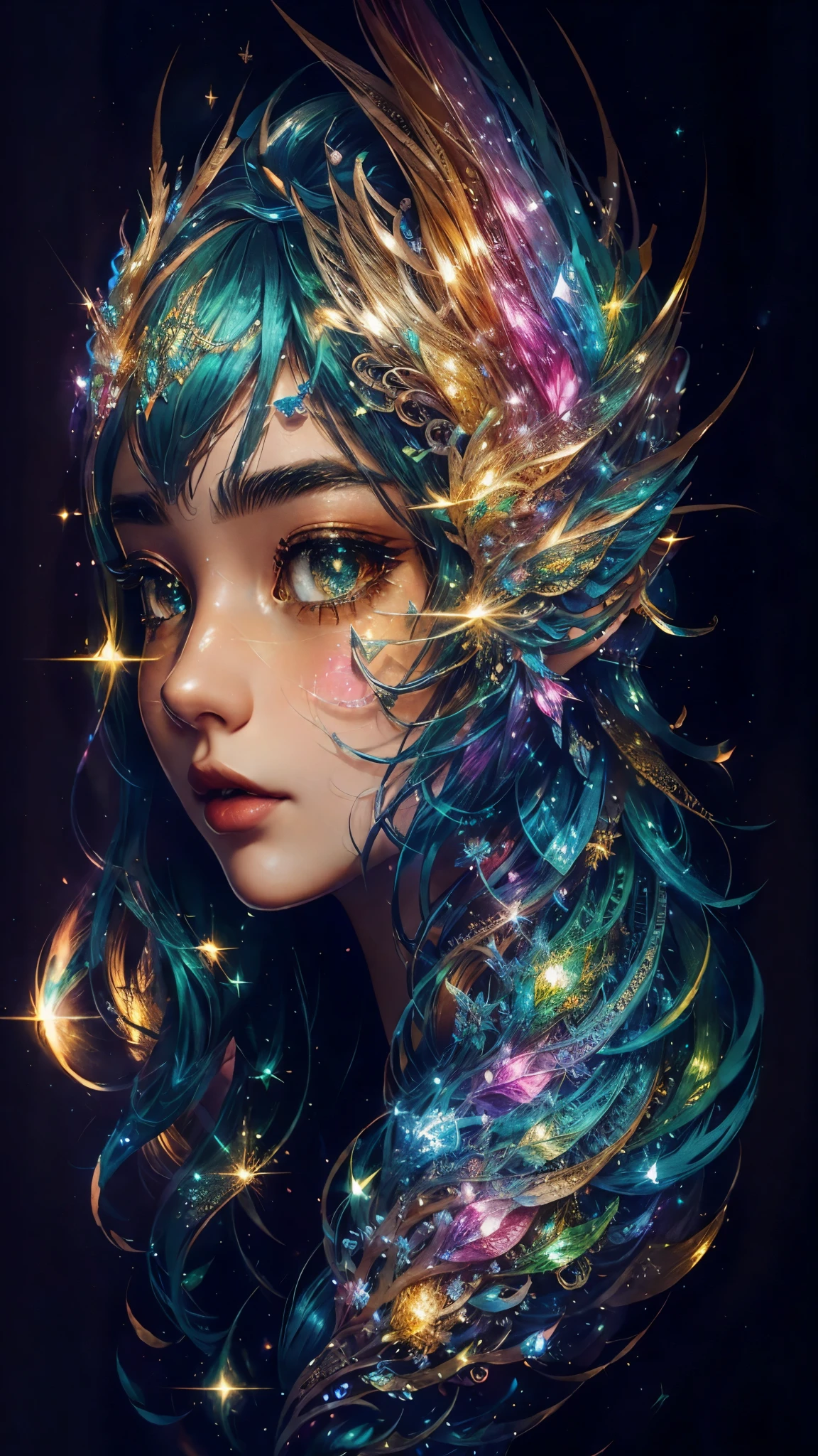 This is a highly detailed and semi-realistic fantasy art image with beautiful layers of shimmer, glimmering silks, and a glittering aesthetic. Create a beautiful and bold dragon woman. She should have intricate and elegant horns, detailed and multi-colored scales, and a striking face. Her eyes are highly detailed with realistic shading and realistic details. Include soft pastels with unexpected pops of bright color. Use compelling composition techniques and fantasy lighting to create a cinematic and unforgettable atmosphere. (((masterpiece))), (((best quality))), ((ultra-detailed)), (highly detailed CG illustration)
