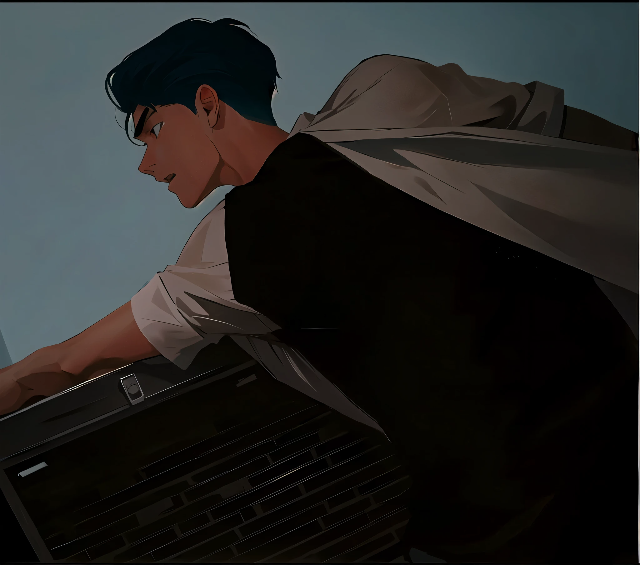 a 16 year old boy with gray hair feels stress, shame, fear, tries to reach someone with his arm