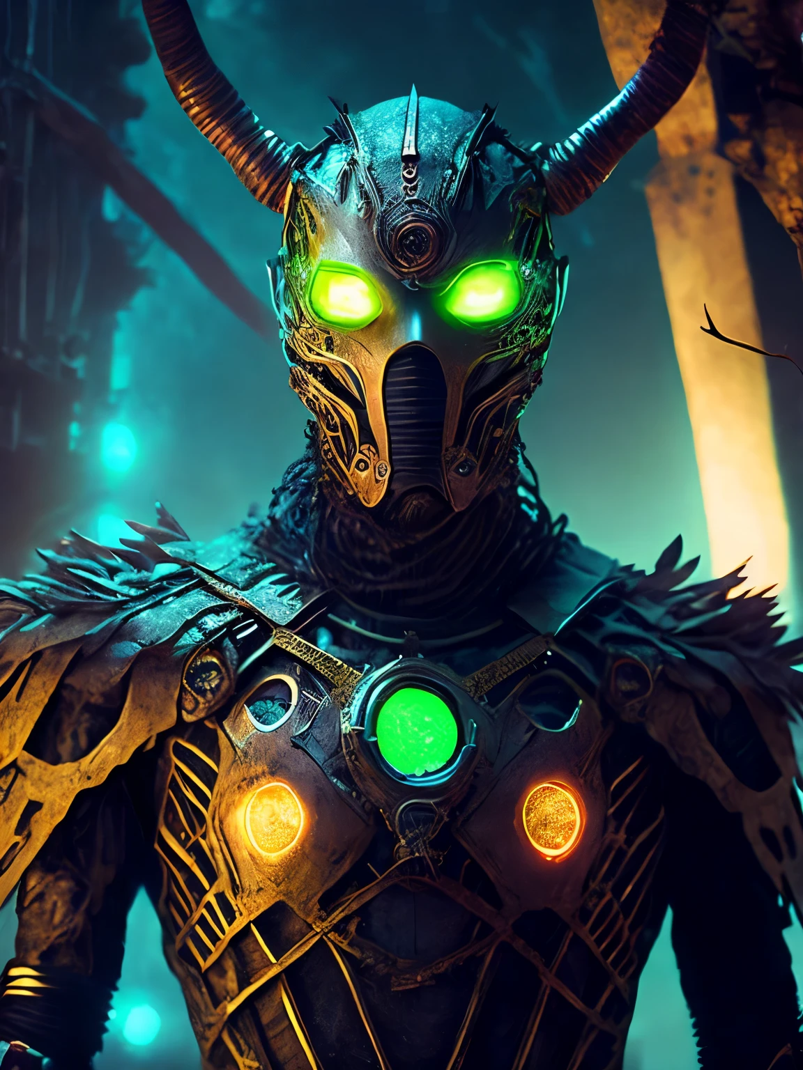 breathtaking cinematic science fiction photo of a half body portrait of a non human masked Grim dressed as a tree in metal skin, body full glowing metrics inside, glowing multicoloured eyes, multifaceted eyes, metallic arms, inside a destroyed building, extremely menacing creature, highly detailed, award-winning