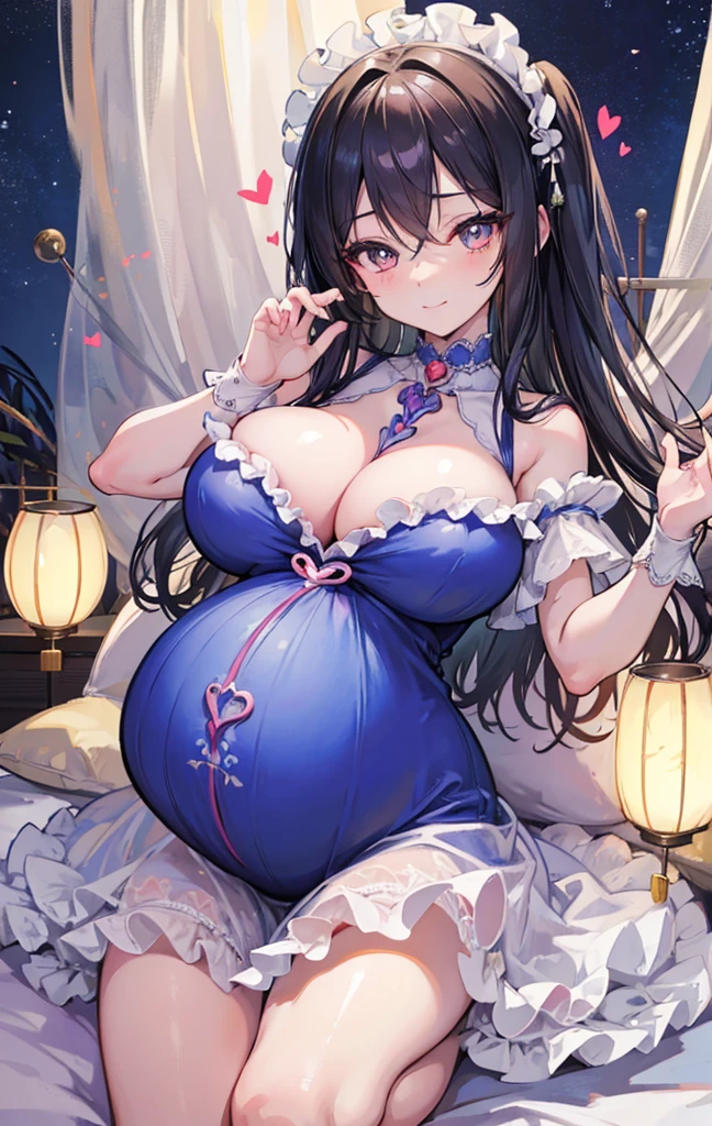 masterpiece, best quality,Super detailed,
Anime cute art style,Super detailed face,
Perfect anatomical structure,Full fingers,
whole body,Pillow Lantern,
1 hot girl,
#11: Messy Curly Charming Silver Long Hair,
Half open eyes，The pupils are heart-shaped,
Huge breast contours,Ruffle Impossible Dress,
Women&#39;s shirts,skirt,Pantyhose,Witch hat,
A teasing smile,Pregnant