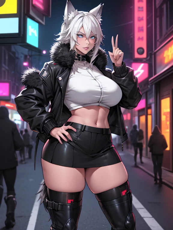 Single girl, Anime tomboy, Short, Long white hair, wolf ears, wolf tail, blue eyes, thigh high fishnets, black combat boots, wearing fur lined open jacket, nude, solo tomboy, only one female ((big breasts)) solo, alone, (SOLO)(ALONE) thicc thighs, wide hips, blue eyes, perfect eyes, perfect face, full lips,white shirt, midriff, black short skirt, perfect detailed face, (prostitution), (((prostitute))), standing, (redlight district), neon lights, bilboards, outside a brothel, trying to get customers, offering sex, (lewd hand gesture),