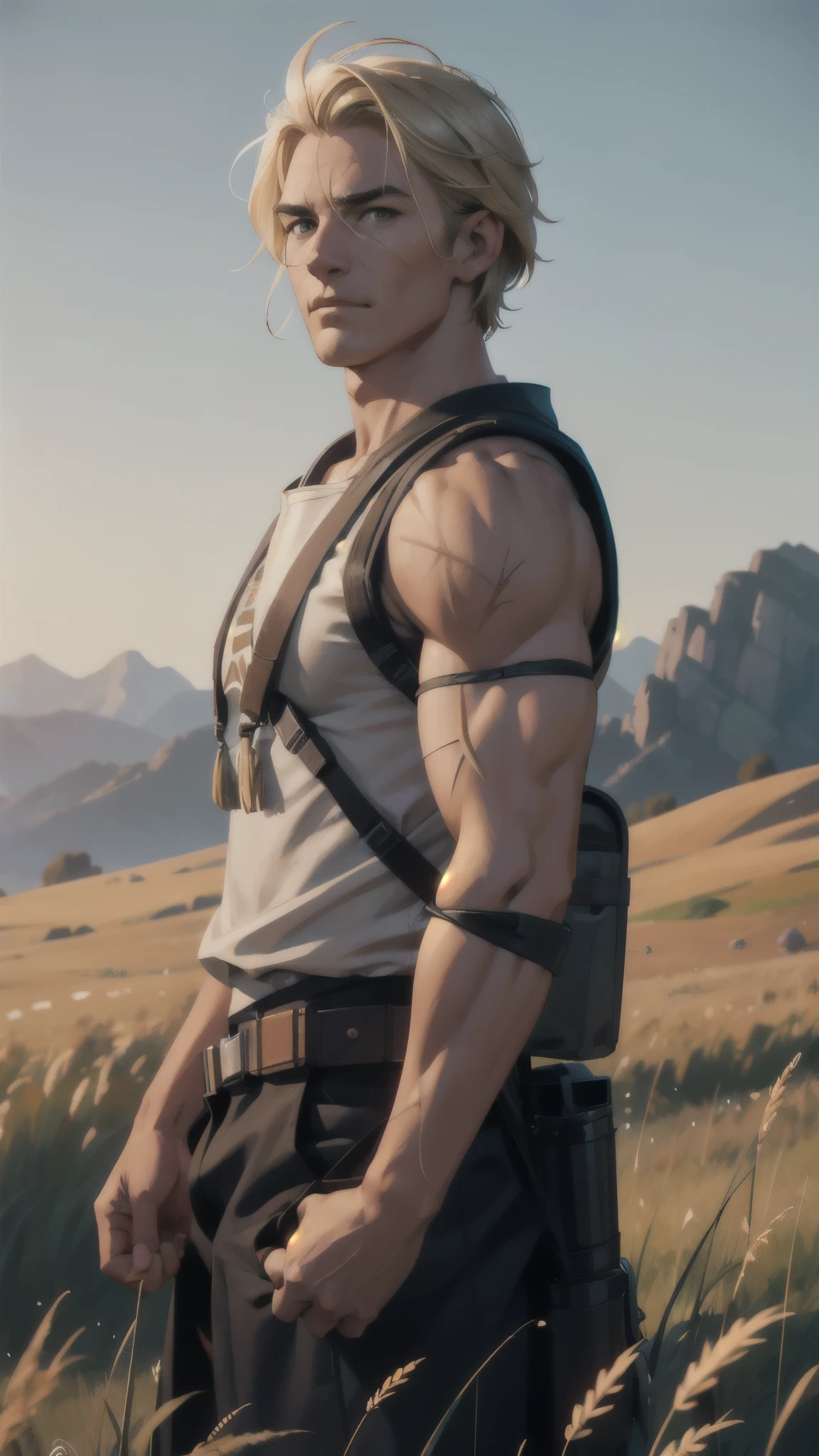 1 star wars farmer, male, blonde, muscular, smuggler clothes, backpack, detailed face, short hair, wind blowing hair, scar on face, early morning, tall grass field, depth of field