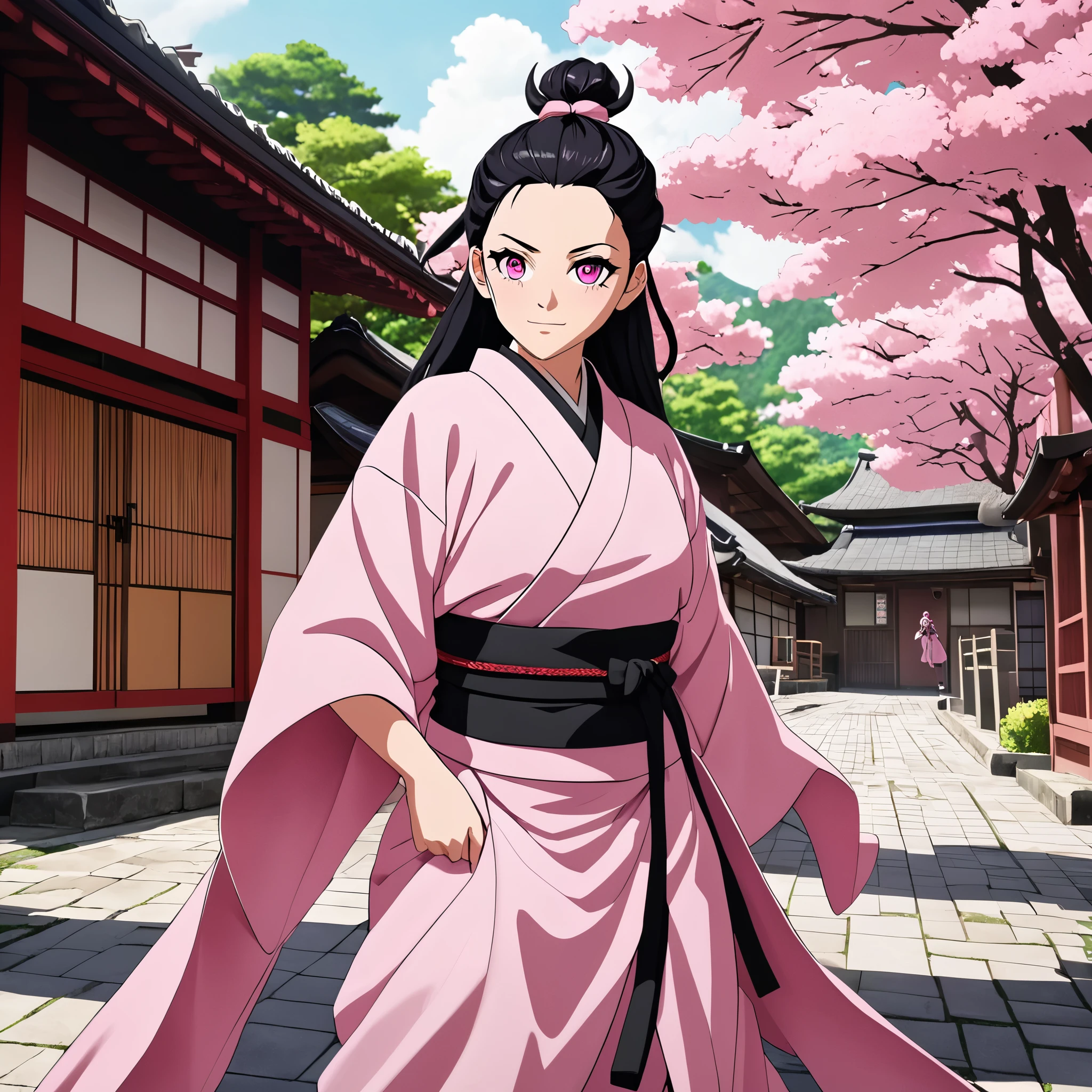 full body angle,

fotografia realista, canon EOS 5D,

 Japanese animation Demon Slayer, Nezuko Kamado ,

pale pink eyes, cabelos pretos e ruivos, Pink reflections are wrapped around my body ,

Eu gostaria de mudar para uma pessoa real, live action animation, solid environment gives real life