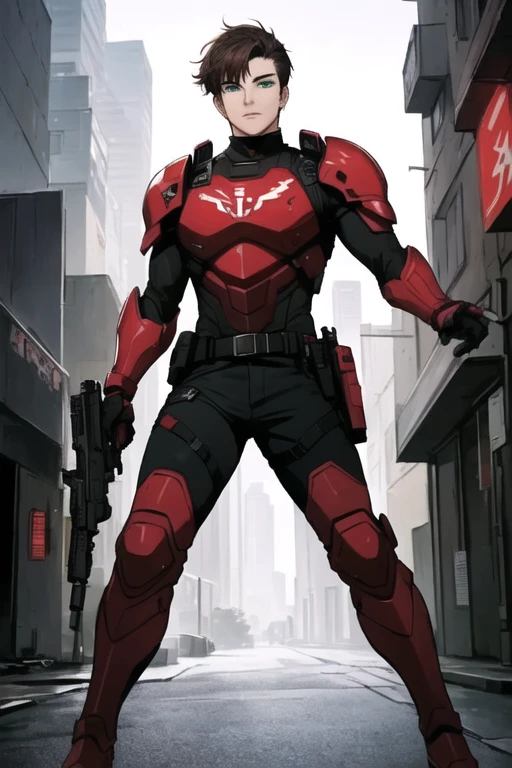 Mox Borden, ((best quality)), ((Masterpiece)), (detailed),((male,)) perfect face mox has brown hair,
cyberpunk, red tactical suit, red armor, red waist, white big symbol on the chest,
a submachinegun in each hand, swat, tactical pants black, it's a man, ((male,)) young man,
has two guns in each hand, police, futuristic lightweight armor,
cute hair, red boots, red knee pad, solo, black belt, anime hair, green eyes, holster,