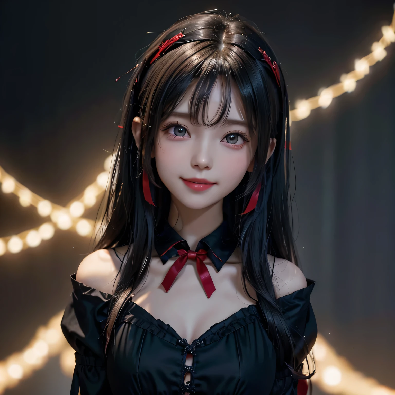 {Masterpiece, highest quality, 8k resolution, Ultra fine}, Medium-long black hair, M-shaped bangs, Inward curl、Baby Face, White blouse, Black Dress, Red headband in hair, Small breasts、Big red ribbon in the back hair、smile, happiness、Wing hair ornament
