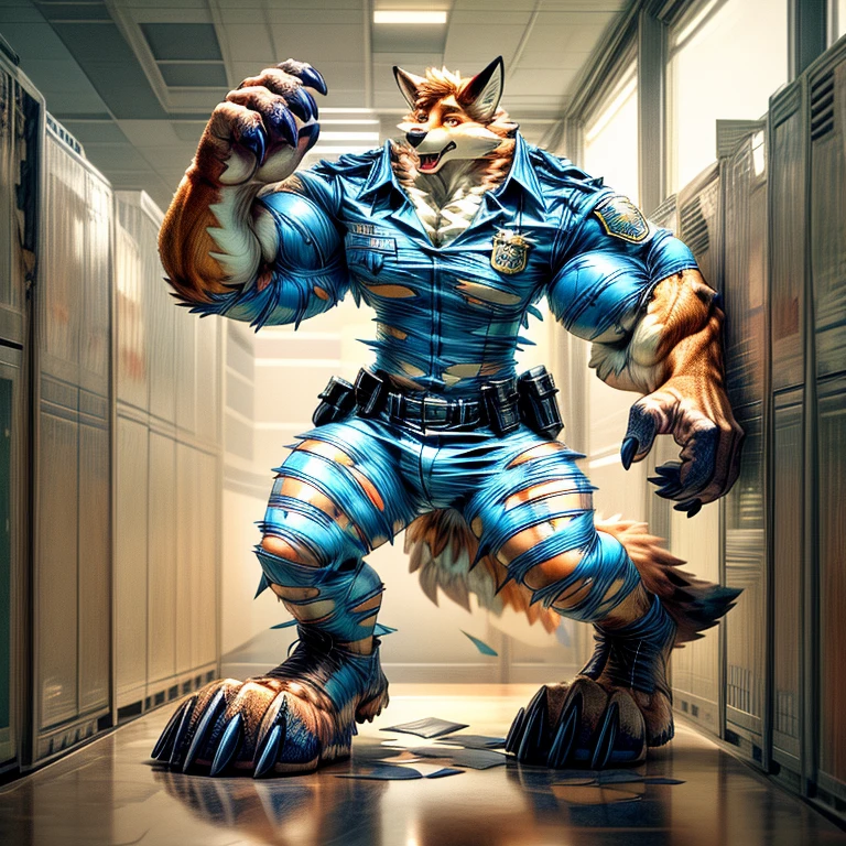 A human police officer (((((partially transformed))))) into an (anthro muscle red fox, blue eyes) in a (police station). (((human legs))), ((big paws)), (shocked expression), (ripped clothing), ((gign uniform)), broad shoulders, big biceps, big pecs, big thighs, hyper giant bulge (((big feet))), (detailed fox face), male focus, detailed eyes, high quality, best quality, concept art, photorealistic (((midtransformation))), ((torn boots))