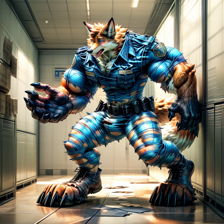 A human police officer (((((partially transformed))))) into an (anthro muscle red fox, blue eyes) in a (police station). (((human legs))), ((big paws)), (shocked expression), (ripped clothing), ((gign uniform)), broad shoulders, big biceps, big pecs, big thighs, hyper giant bulge (((big feet))), (detailed fox face), male focus, detailed eyes, high quality, best quality, concept art, photorealistic (((midtransformation))), ((torn boots))