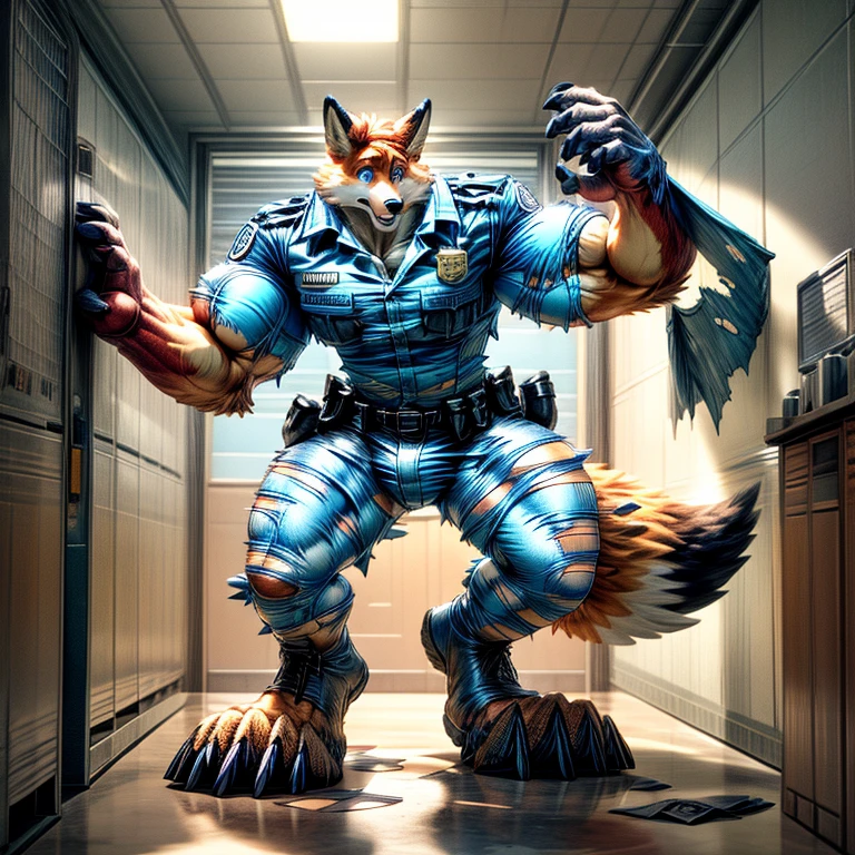 A human police officer (((((partially transformed))))) into an (anthro muscle red fox, blue eyes) in a (police station). (((human legs))), ((big paws)), (shocked expression), (ripped clothing), ((gign uniform)), broad shoulders, big biceps, big pecs, big thighs, hyper giant bulge (((big feet))), (detailed fox face), male focus, detailed eyes, high quality, best quality, concept art, photorealistic (((midtransformation))), ((torn boots))