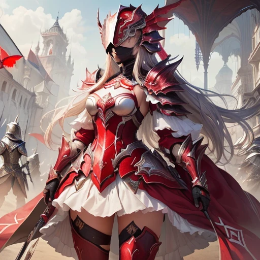 uma mulher em um vestido vermelho e branco segurando uma espada, white and armadura vermelha, lady in armadura vermelha, armadura vermelha, armadura prateada e roupas vermelhas, garota de armadura, arte de fantasia de anime, armadura pesada vermelha, Cavaleiro feminino, of a beautiful Cavaleiro feminino, blood armadura vermelha, trends on artstation pixiv, armadura de fantasia, beautiful Cavaleiro feminino,