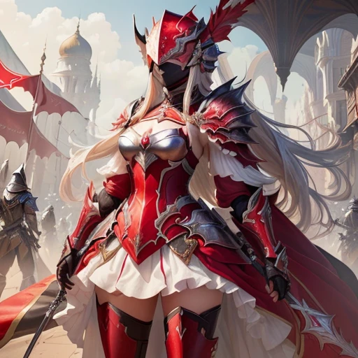 uma mulher em um vestido vermelho e branco segurando uma espada, white and armadura vermelha, lady in armadura vermelha, armadura vermelha, armadura prateada e roupas vermelhas, garota de armadura, arte de fantasia de anime, armadura pesada vermelha, Cavaleiro feminino, of a beautiful Cavaleiro feminino, blood armadura vermelha, trends on artstation pixiv, armadura de fantasia, beautiful Cavaleiro feminino,
