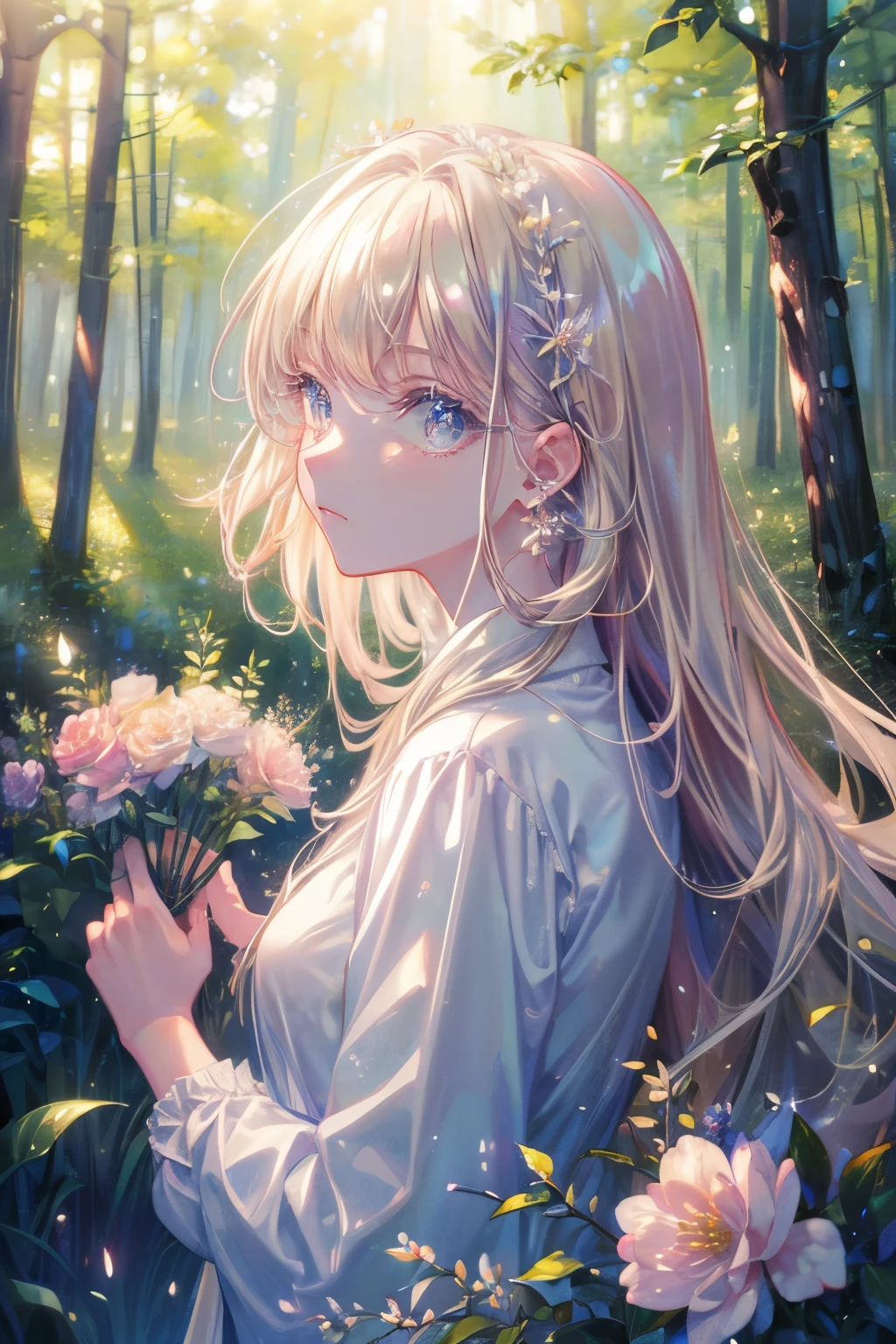 (masterpiece、8k、highest quality)、(Soft Light:1.3), Detailed face, Fine grain, dress, Beautiful digital artwork, landscape, Backlight, Lots of flowers, forest, Sparkling eyes, warm, warm light, watercolor