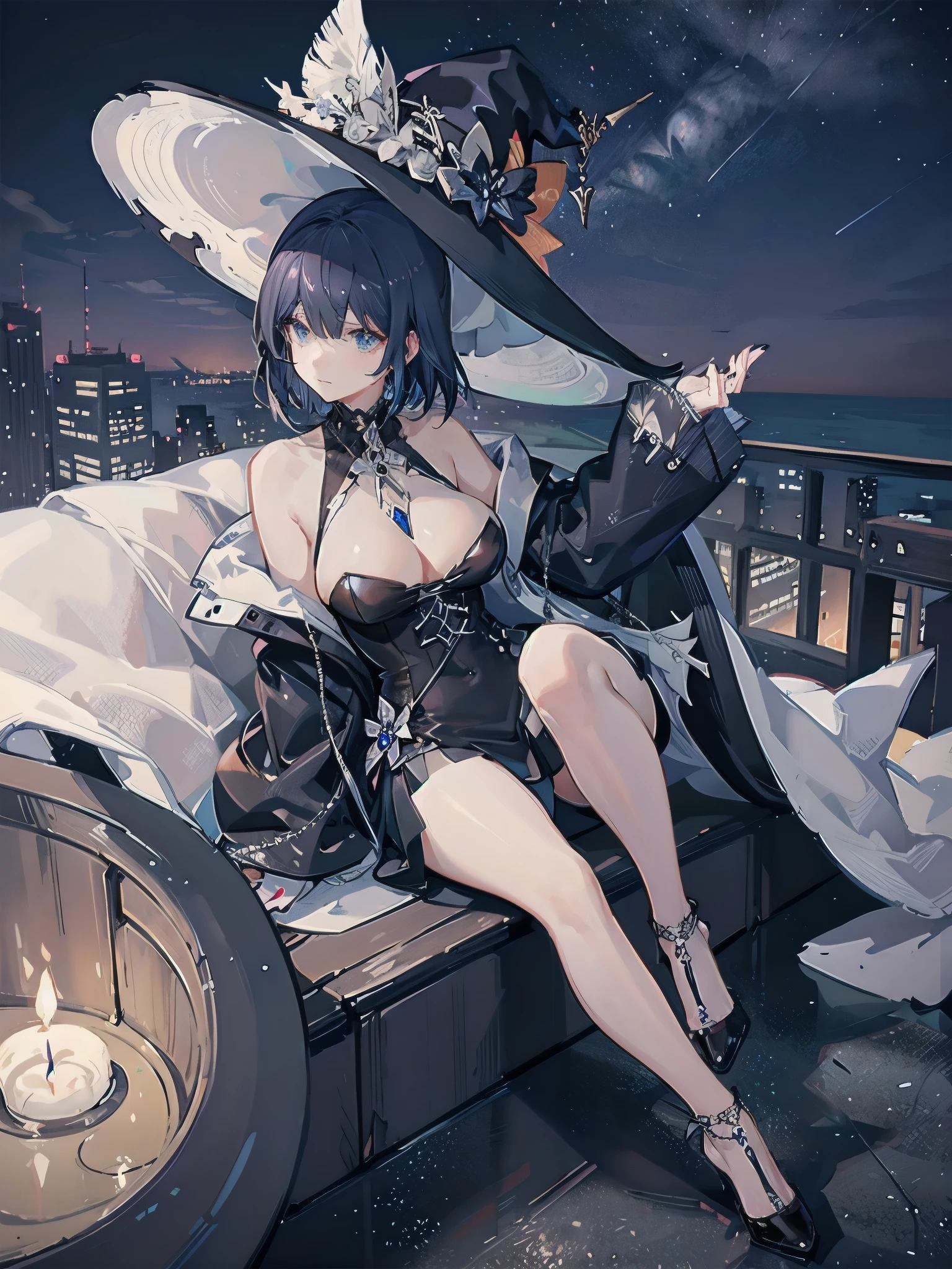 An adult woman on a rooftop observation deck overlooking the Tokyo nightscape and the ocean.、She has a short bob with a white lob of hair and wears a large black witch hat with sapphire jewelry.、She is wearing a long black coat、I'm wearing a white T-shirt、Black long skirt、Black sneakers with white laces、Black tights、Black short leggings、R18 illustrations、Erotic manga、Erotic illustrations、2D illustration、Japan anime、drawn by Japanese ilastrator、high resolution、4K quality、High Quality、High resolution、5 megapixels、High Detail、No correction