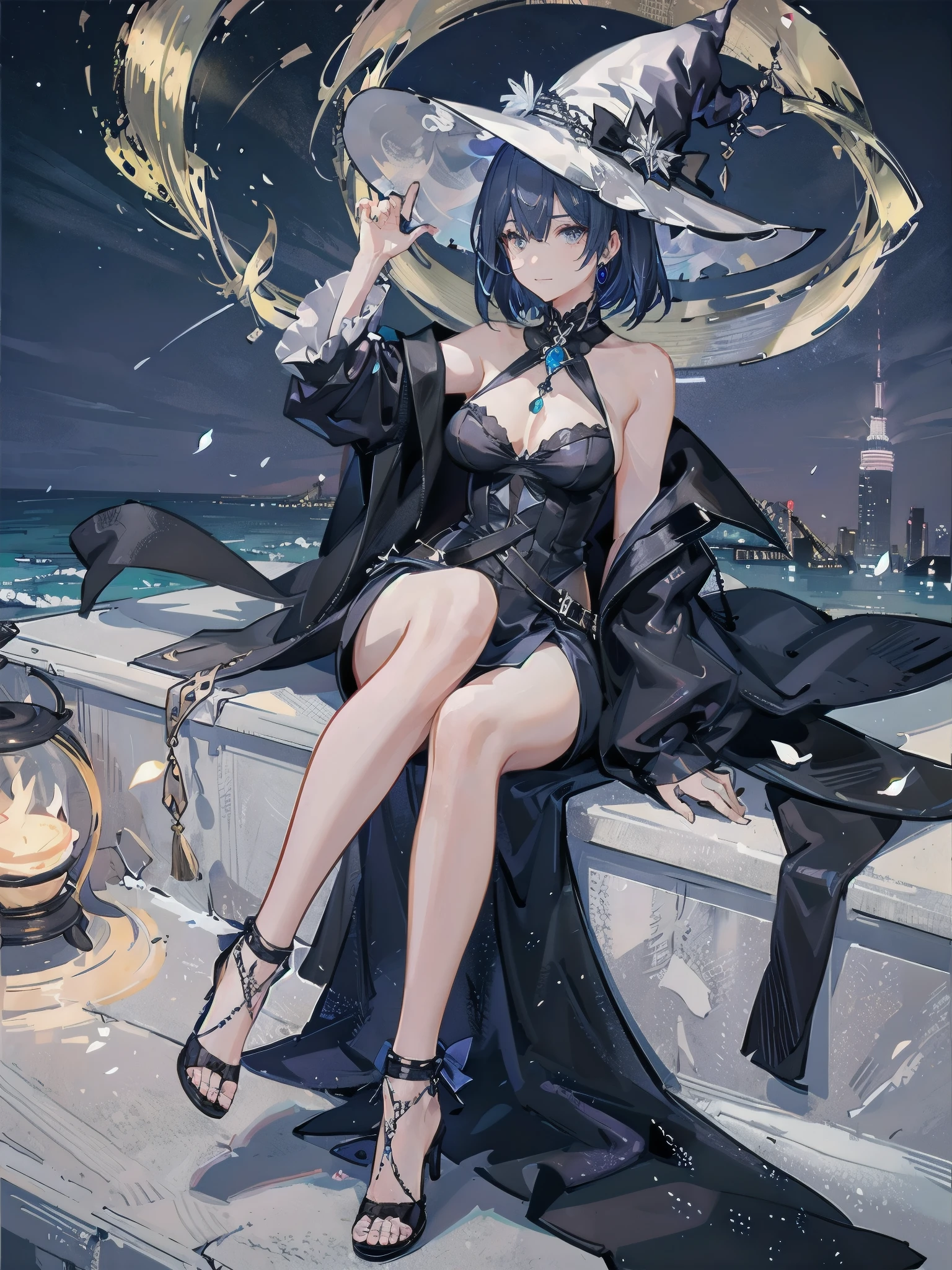 A girl stands on the rooftop of a high-rise building with a panoramic view of late-night Tokyo below.、She has a short bob with a white lob of hair and wears a large black witch hat with sapphire jewelry.、A high school student wearing a navy blue bikini-type swimsuit with a white ribbon、She wears a large witch's hat with a small sapphire accessory、A few star creams、Beautiful starry sky、Beautiful night view、large witch's hat 、Navy blue bikini pants that dig into your stomach、Small breasts、Small breasts、Navy blue swimsuit top with white frills、I see my stomach、The area around the stomach is bare skin.、Belly button、Halterneck bikini、She is wearing hot pants
